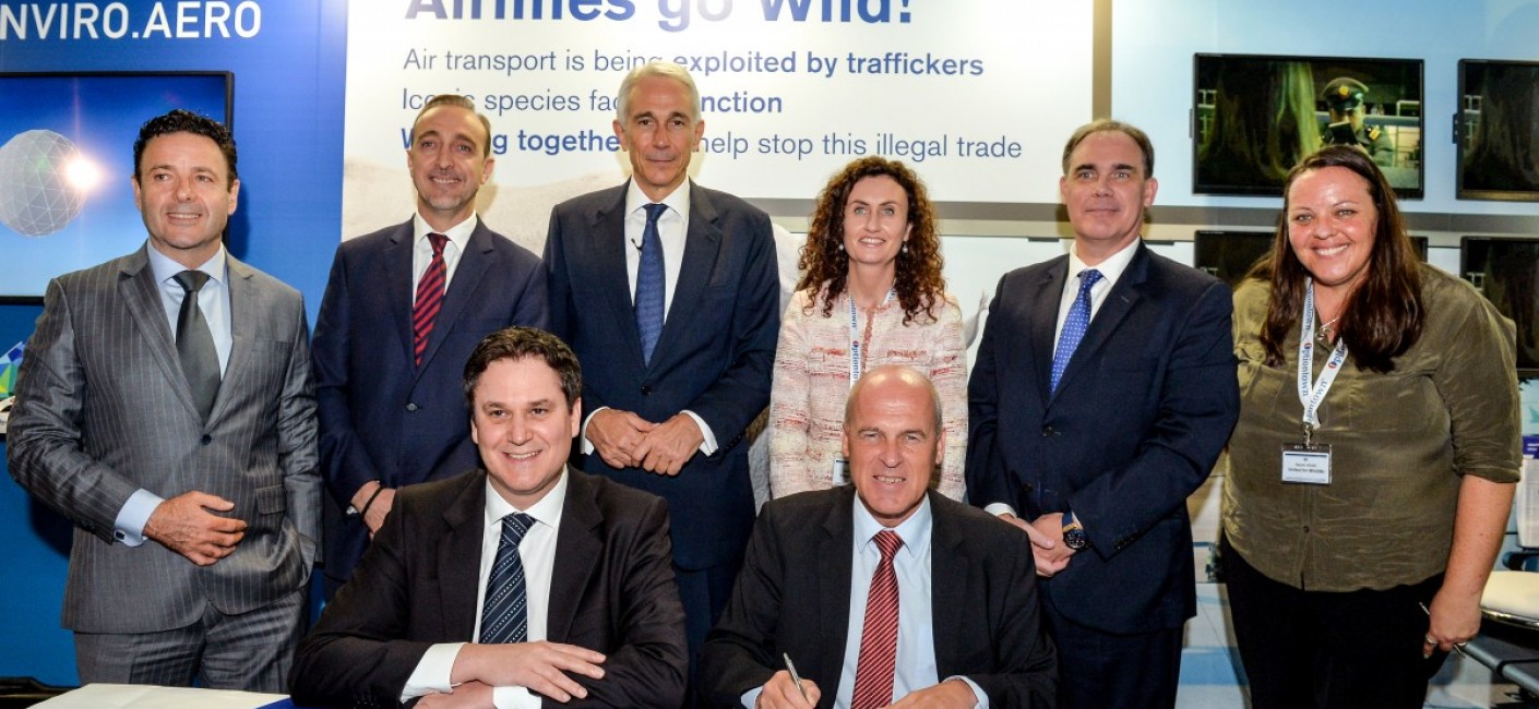 Pictured from left to right (front row, seated) are Peter Baumgartner, Chief Executive Officer of Etihad Airways, and Stefan Pichler, Chief Executive Officer of airberlin and left to right, top row, are Cramer Ball, Chief Executive Officer of Alitalia, Dane Kondić, Chief Executive Officer of Air Serbia, Tony Tyler, Director General IATA, Jane McKeon, Group Executive Government Relations Virgin Australia, Roy Kinnear, Chief Executive Officer of Air Seychelles, and Naomi Doak, United for Wildlife representati