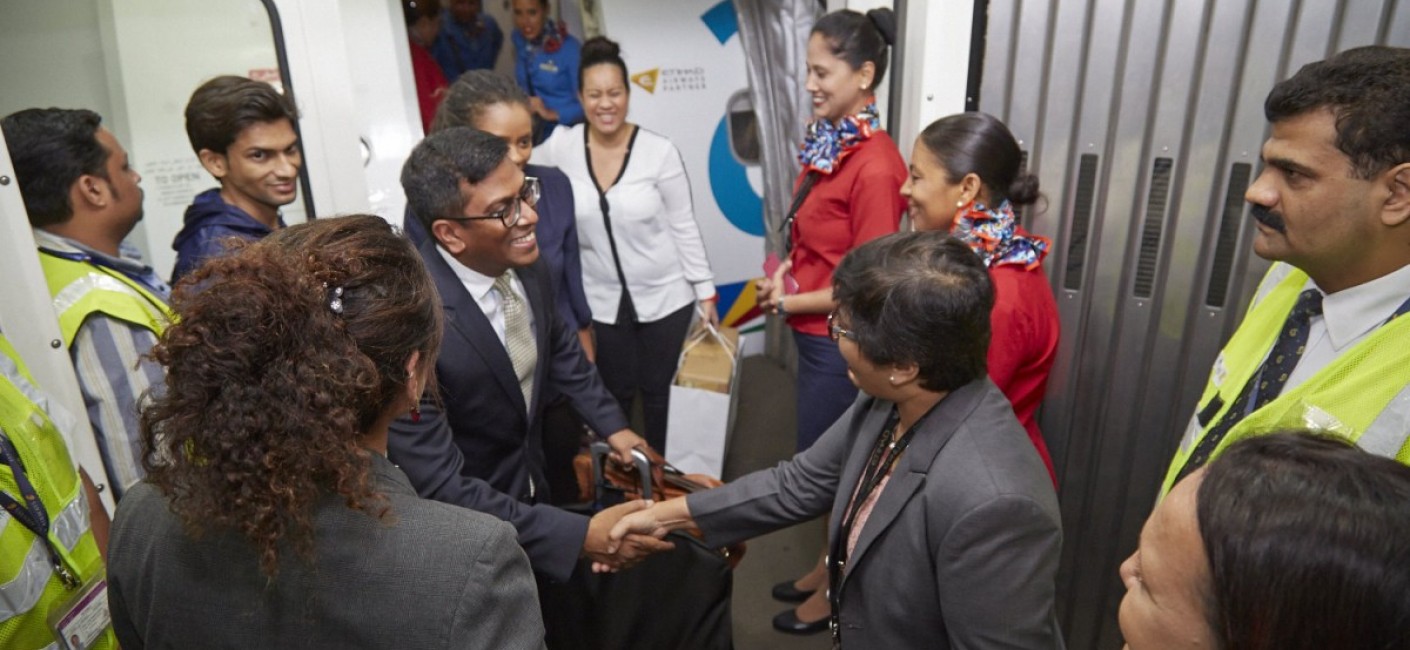 Manoj Papa, Air Seychelles’ Chief Executive Officer, and Sherin Naiken, Chief Executive Officer of the Seychelles Tourism, are greeted by airport officials